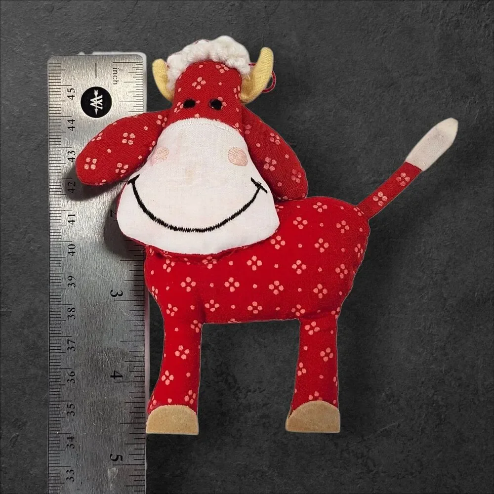Vintage Farm Animal Christmas Ornaments Set of 4 Fabric Cottagecore Holiday Red